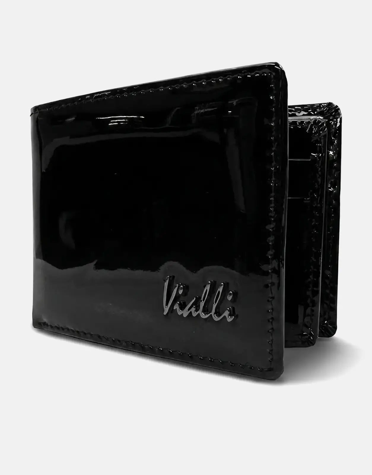 Vialli Patent Tri Fold Black Wallet