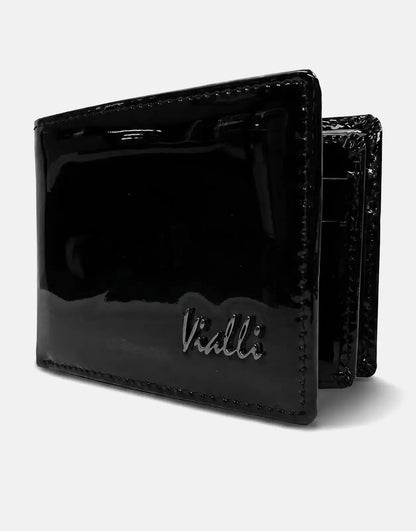 Vialli Patent Tri Fold Black Wallet